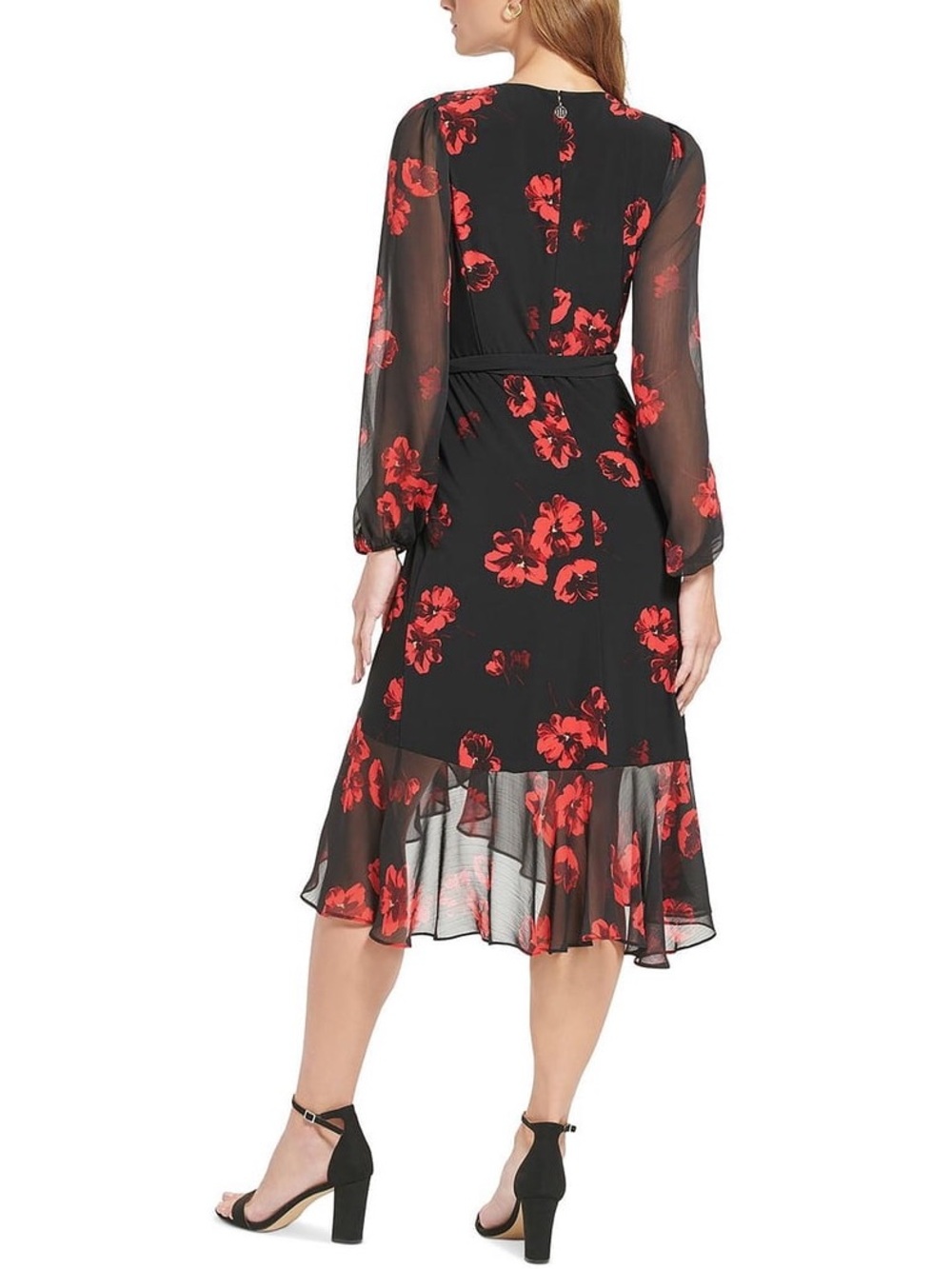 Tommy Hilfiger - Chiffon Black and Red Floral Print Midi Montreux Dress, Size 10 - Picture 16 of 16
